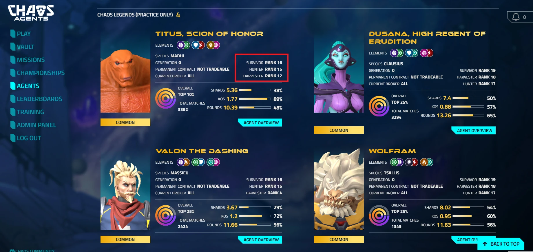 Screenshot of Agent Progression
